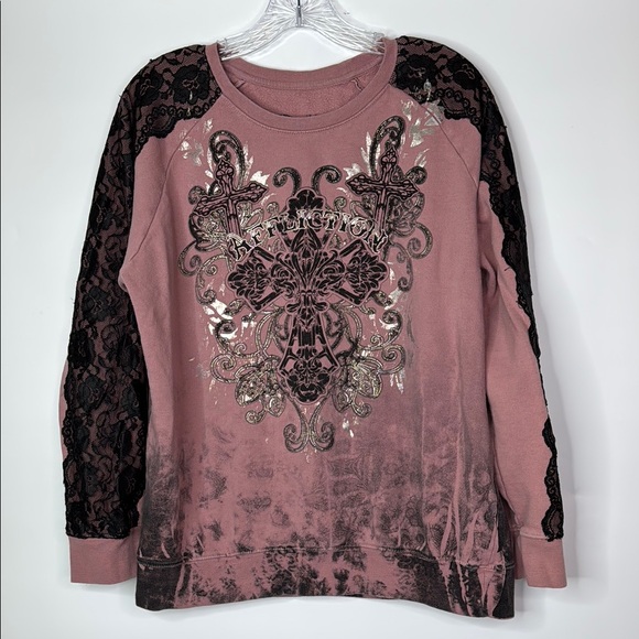 Affliction Pink Lace Diamondhead Pullover Sweatshirt XL - Picture 1 of 8